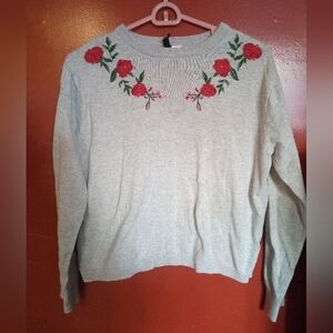 H&M Light Gray Sweater with Red Floral Embroidery
